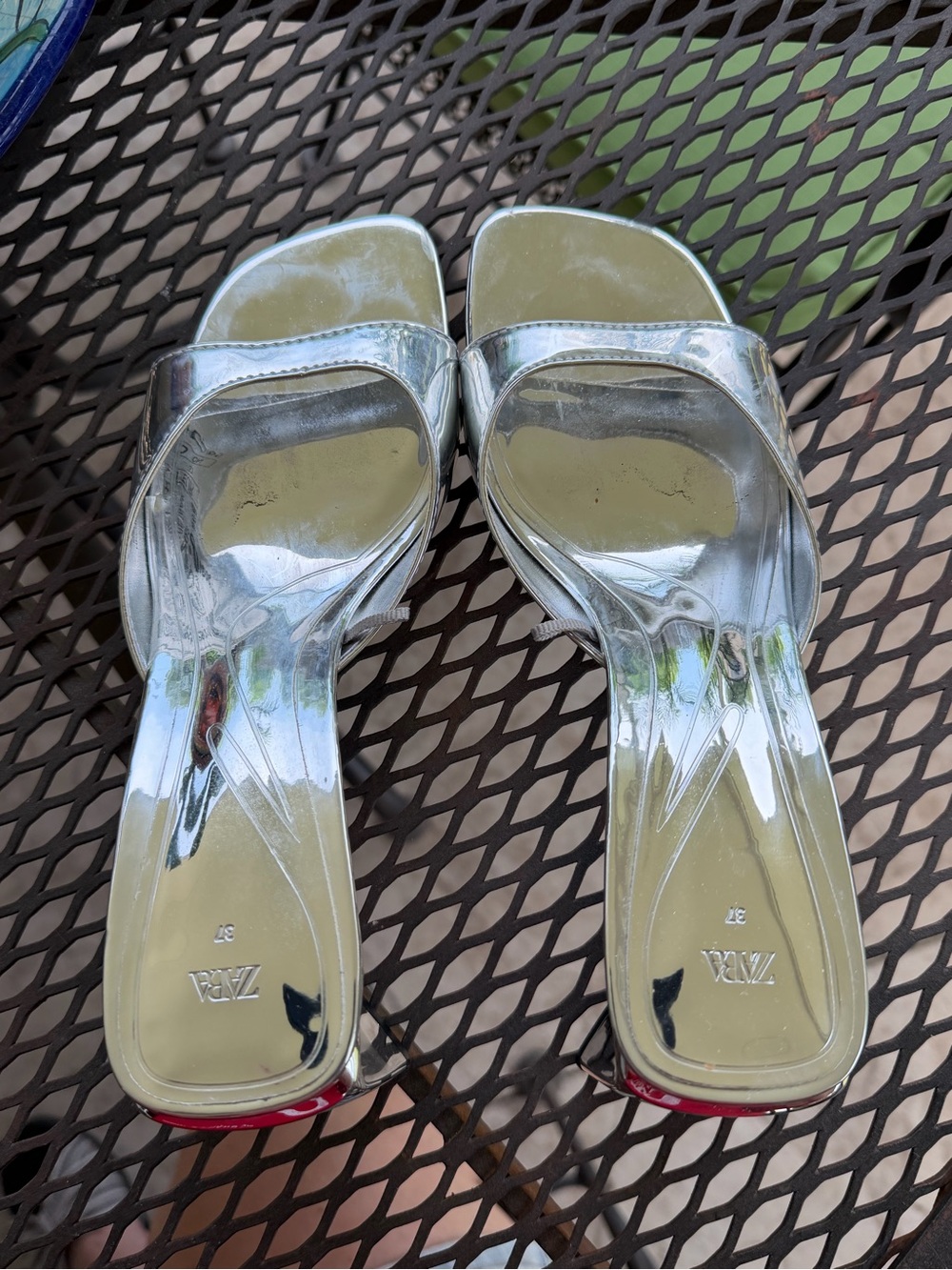 Zara Metallic Silver Open-Toe Block Heel Mules
